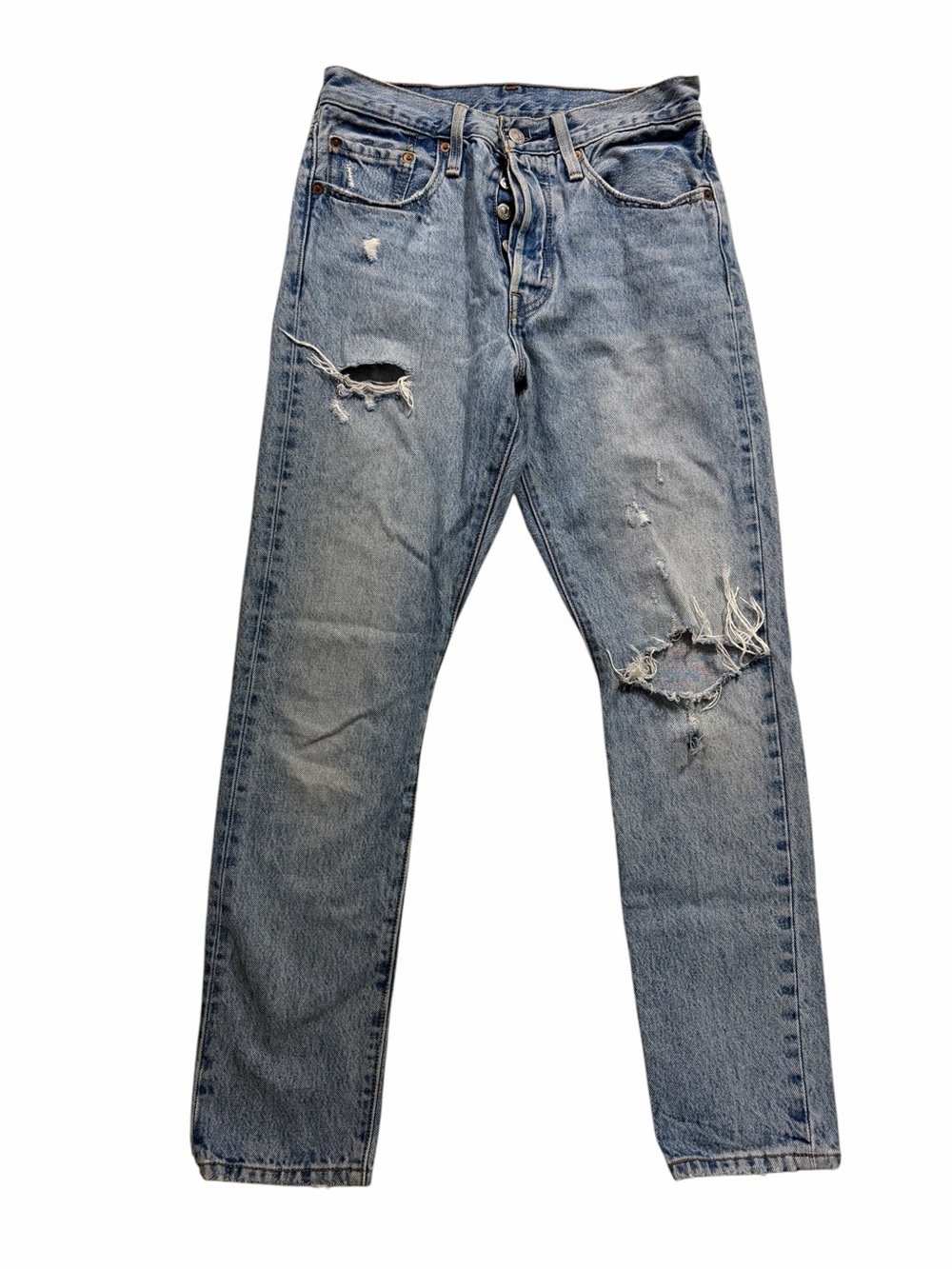 Levi's Women's Light Blue Button Fly Straight Jeans with Distressed Detailing